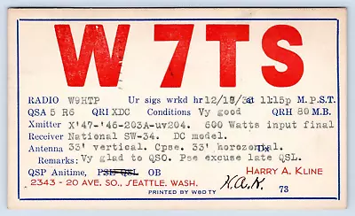 QSL CB Ham Radio W7TS Seattle Washington Vintage King County WA 1934 Card • $5