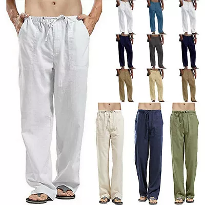 $15.59 • Buy Mens Summer Beach Trousers Loose Cotton Linen Yoga Drawstring Elasticated Pants