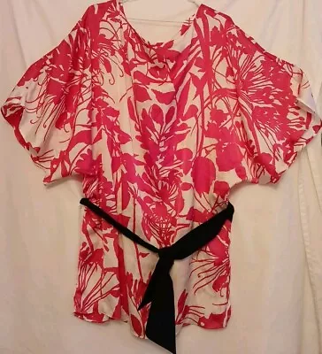 ZARA BASIC Womens White/Pink Floral 3/4 Sleeve Belted Blouse Tunic Top SZ XL • $15