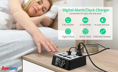 Digital Alarm Clock With 3 USB Charger Power Strip Outlets Desk Charging Station • $23.99