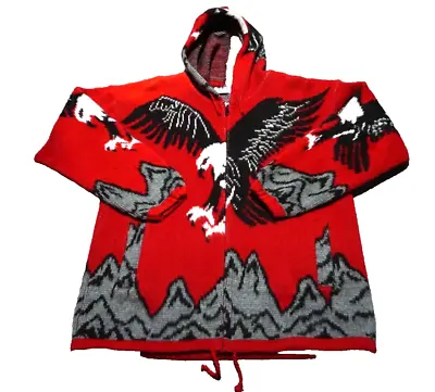 Yari Artesanias Men's Ecuador Festival Hoodie Jacket Wool Red Navajo Eagle M • £44.77