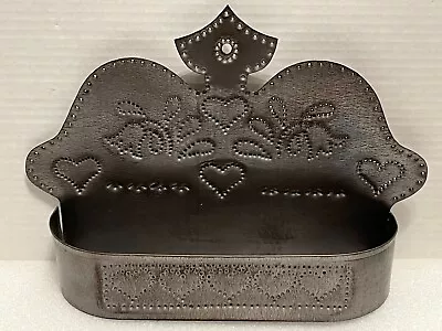 Vintage Wall Mount Pierced Punched Heart Pattern Tin Wall Shelf • $24.66