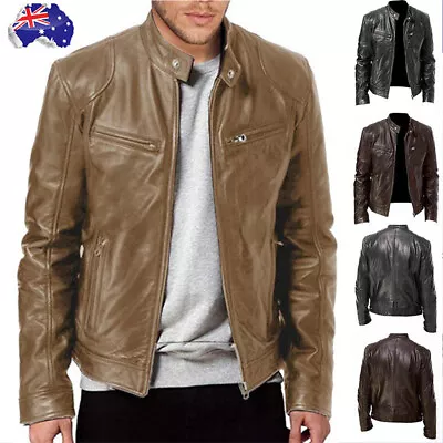 Mens Retro Leather Jacket Motorcycle Stand Collar Biker Coat Zip Up Outwear Top • $42.99