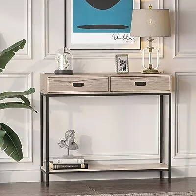 Oak Wood Console Table With 2 Drawers Hallway Foyer Table With Storage Shelv... • $156.34