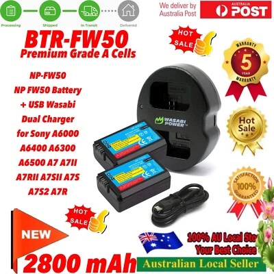 $38.95 • Buy 2x 2800mAh NP-FW50 Battery +WSB Charger For SONY Alpha A5000,A5100,A6000,A6300