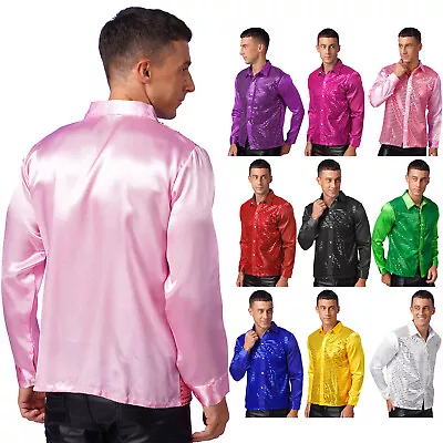 Mens 70s Shiny Sequins Button Down Shirt Long Sleeve Top Disco Dance Shirt Party • £8.82