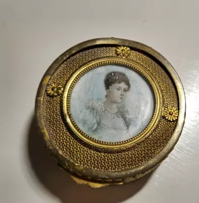 Antique French Gold-Toned Portrait Miniature Jewelry Trinket Box Casket • $50