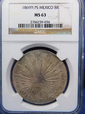 1869 Pi PS 8 REALES MEXICO NGC MS63 EARLY POTOSI MINT STUNNING CROWN SCARCE • $1375