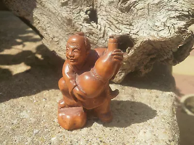 Hand Carved Wood Netsuke Japanese Man With Big Gourd Bottle Collectable Figure • £24.99