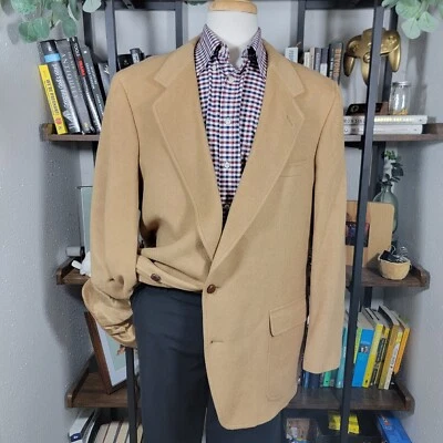 $65 • Buy VTG Men's CAMEL HAIR Sport Coat Blazer Soft Beige Two Leather Button 48L