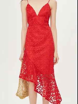 BNWT Topshop Red Lace Plunge Asymmetric Hem Midi Dress UK 18 • £9.99