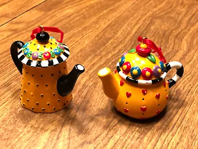 Mary Engelbreit  Teapot Ornaments Yellow With Red Hearts Black Dots & Flowers • $10.99