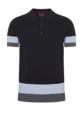 Mens Merc London Retro Mod Knitted Stripe Panel Polo Shirt Captain - Black • £44.99