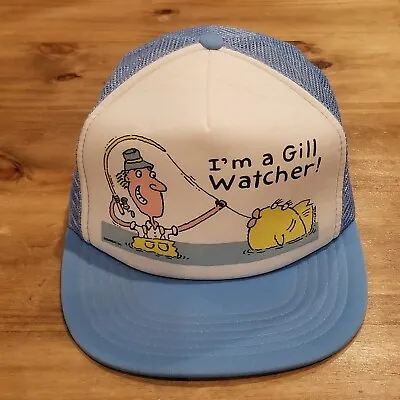 Vintage Funny Humor Fishing Trucker Hat Cap Gill Watcher Blue White Foam Mesh • $8.95
