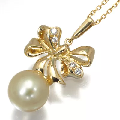 Auth MIKIMOTO Necklace Golden South Sea Pearl 10.2mm Diamond Ribbon 18K YG • $904.70