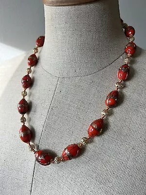 VTG Venetian Murano Art Glass Oval Bead Necklace RED & GOLD FLUSS 21” Knotted • $40