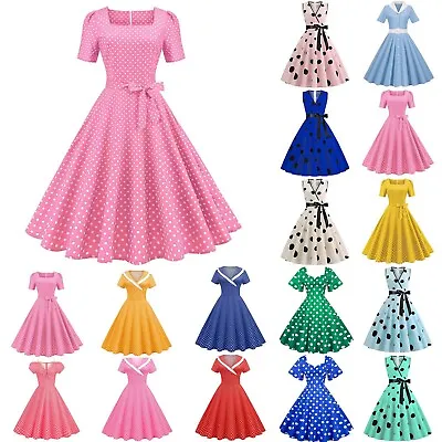 1950s Vintage Womens Polka Dot Dress Bowknot Audrey Hepburn Style Party Dresses • $41.39