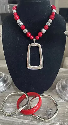 MIX IT Red Silver Beaded Huge Pendant Boho Chunky Necklace + Bangle Bracelets • $10