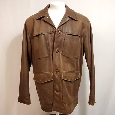 Eddie Bauer Leather Car Coat Jacket Mens Large Brown Flannel Blanket Lining • $99.90