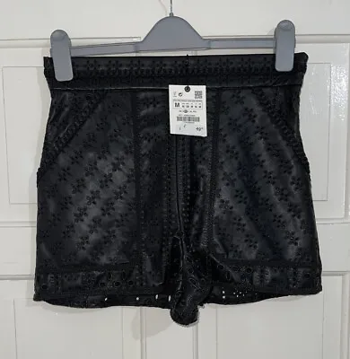 $30.48 • Buy Zara Black High Waisted Cutwork Embroidery Soft Leather Bermuda Shorts Size M