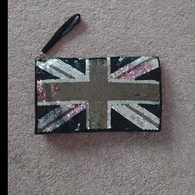 Union Jack Flag Monochrome Sequin Clutch Bag Black Silver Grey  • £10