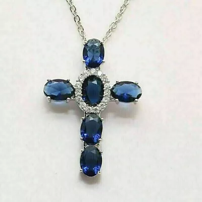 Lab-Created Blue Sapphire 2Ct Oval Cut Women Cross Pendant 14K White Gold Plated • $86.99