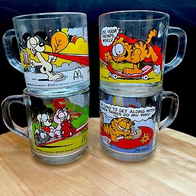 1978 Vintage McDonald's Garfield Mugs Full Set Of 4 Clear Glass Anchor Hocking • $28