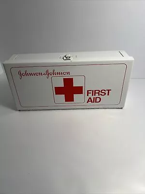 Vintage Johnson & Johnson First Aid Kit White Metal Box With Contents. • $40
