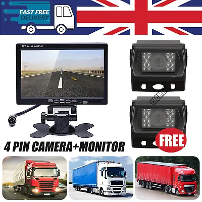 2x Car Reversing Camera 4Pin + 7  LCD Monitor For Truck Bus Van Rear View Kit • £52.79