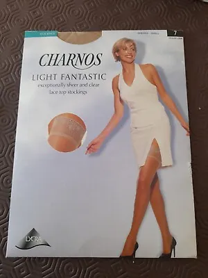 CHARNOS Light Fantastic 7 Denier Lace Top SHERRY STOCKINGS Size Small • £6.45