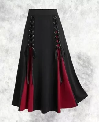 New Gothic Black Wine Red Insert Corset Front Maxi Long Skirt Size 4XL 24 26 28 • £34.99