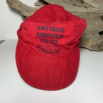 Vintage Antique Airfield Pilot Hat Elastic Back Red Cap SEE • $12.99