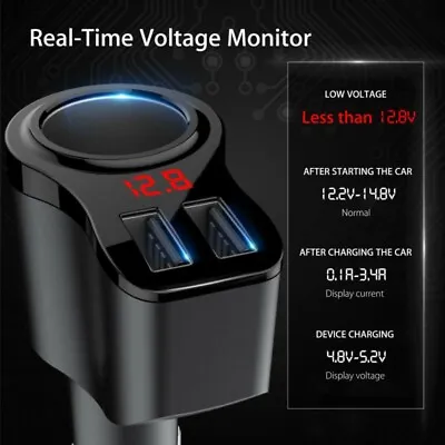 Dual USB Car Charger With LED Screen For Monitoring Vehicle Battery Voltage • £9.46