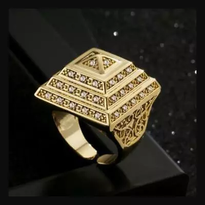 £24.99 • Buy XXL Gold 18K GF Adjustable Pyramid Ring CZ Stones Large Chunky Men Gents Filled