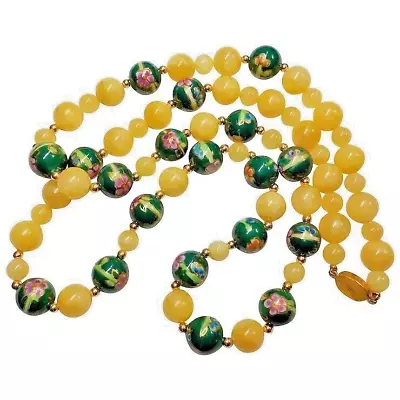 Vintage Chinese Yellow Jadeite Painted Porcelain Necklace 32  Long • $360