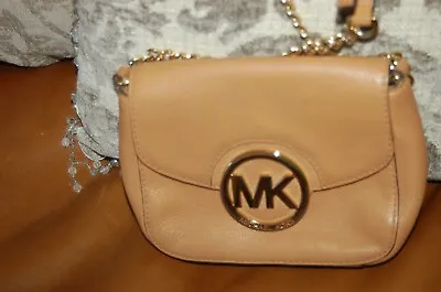 Michael Kors Small Flap Crossbody Caramel Brown Leather Gold Chain Strap Fulton • $21.77