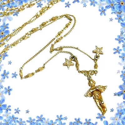 33” LONG KIRKS FOLLY ANGEL Playing HARP Lyre STAR GOLD Plated Aurora AB NECKLACE • $44.99