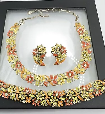 Lisner Parure Set Necklace Bracelet Earring Flower Enamel Rhinestone Mid Century • $80