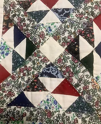 $55 • Buy Patchwork Quilt  Stars  Quilted 84x84” Flawed Vintage Blues Black & Reds Florals