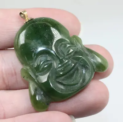 Vintage  Green Jade Carved Smiling Buddha Face 12K Yellow Gold Fill Pendant • $19.99