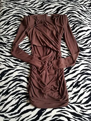 Zara Brown Dress Ruched Bodycon Mini Shoulder Pads Cutout Front Size S Small • £11.99