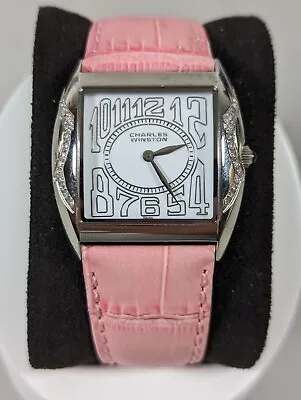 Charles Winston Swiss Made Crystal Accent Silver Tone Rectangle Case Pink Watch • $90.99