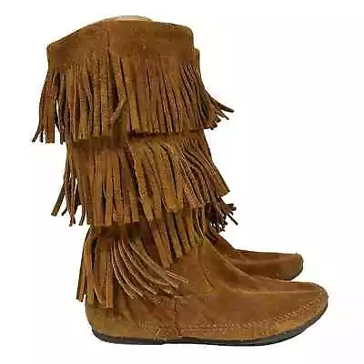 Minnetonka Moccasin 1632 Brown Suede 3 Layer Tiered Fringe Boots Women's Size 9 • $25.19