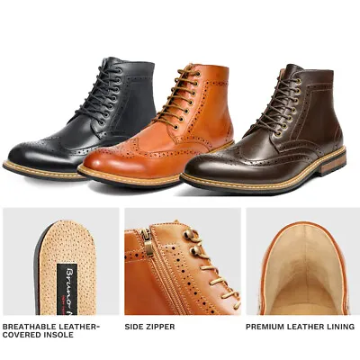 Men's Motorcycle Leather Brogue Boots Oxford Derby Dress Shoe Wingtip Toe 6.5-15 • $31.82