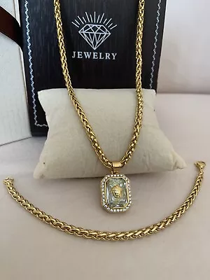24” Miami Franco Chain & 8.5” Bracelet Set Medusa Pendant 18k Gold Filled • $80.21