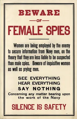 Beware Of Female Spies Vintage World War Propaganda Poster 11x17 • $19.99