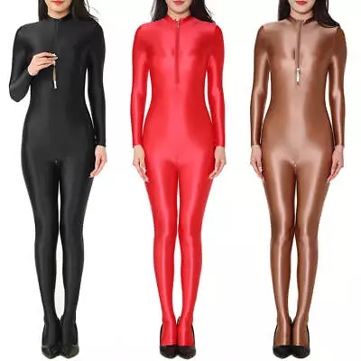 Womens Shiny Satin Romper Footed Jumpsuit Wetlook Catsuit Zipper Crotch Bodysuit • £23.99
