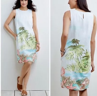 J. Jill Love Linen Sleeveless Nautical Beach Scene Tropical Print Shift Dress L • $31.99