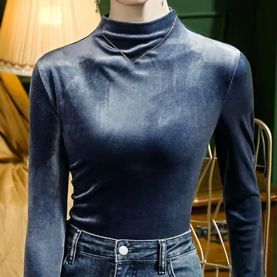 Ladies Long Sleeve Mock Neck Velvet Top Pleuche Blouse Velour Undershirt OL Chic • £20.15