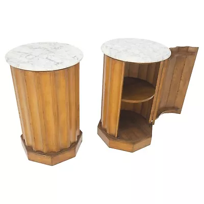 Pair Marble Top Round Scallop Shape Cylinders Pedestals Cabinets W/ Shelf MINT! • $4320